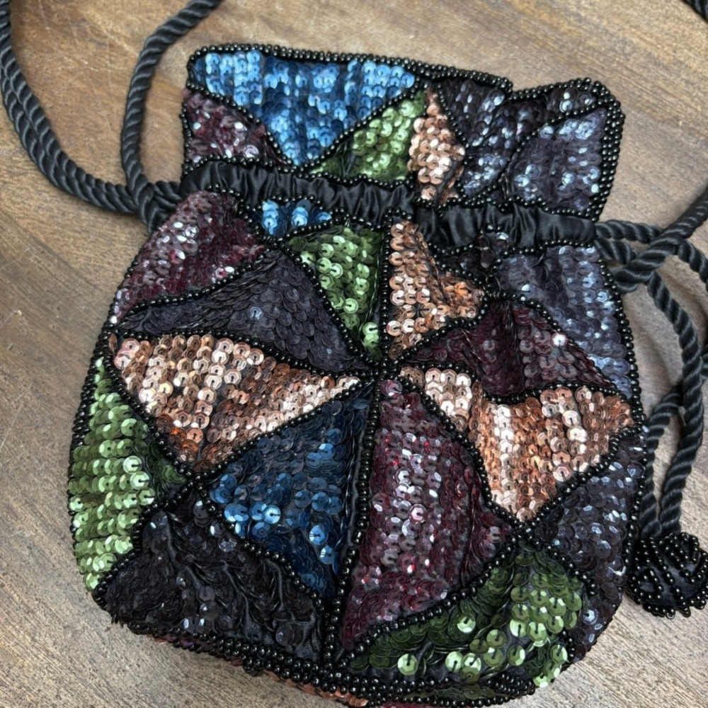Sequin Beaded Evening Bag Purse Black Party Cocktail Formal - Picture 7 of 11